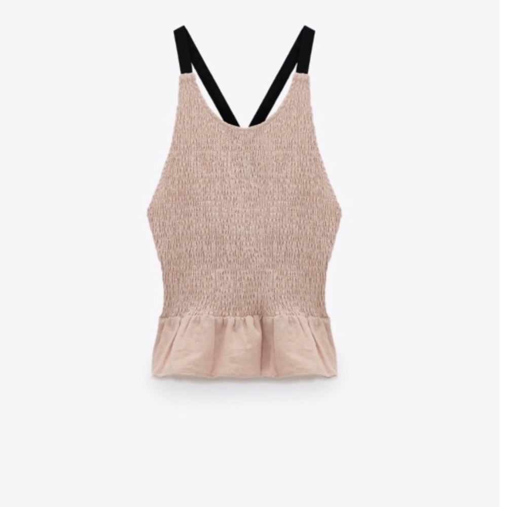 Zara Beige Smocked Peplum Tank with Black Straps